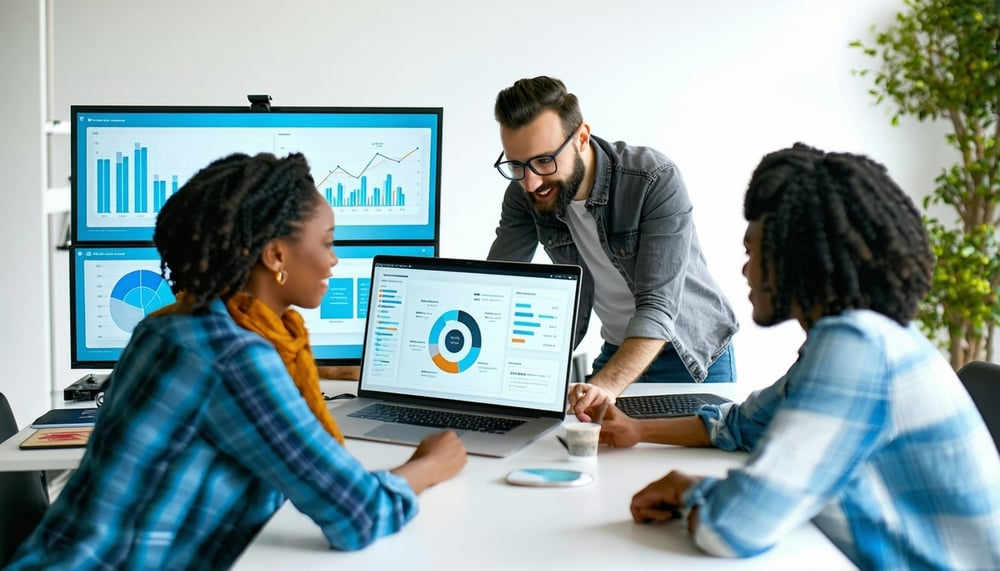 Marketing agency team collaborating with data and AI tools Marketing agency team collaborating with data and AI tools